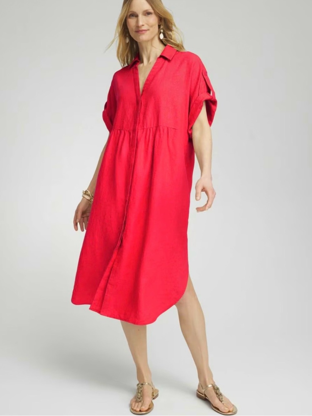 Chico's 100% Linen Midi ShirtDress L Red Roll Tab Sleeve Minimalist Lagenlook